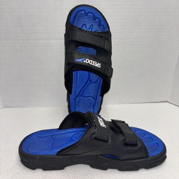 Size L Speedo Mens Slides Sandals Black Blue Secure Double Strap Hook Loop - Picture 1 of 7